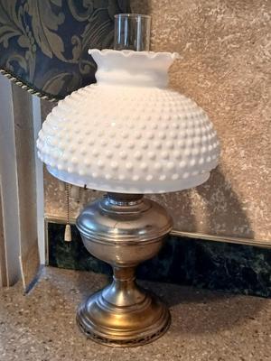 Beautiful Aladdin Model No. 11 lamp with milk glass hobnail shade and frosted chimney
