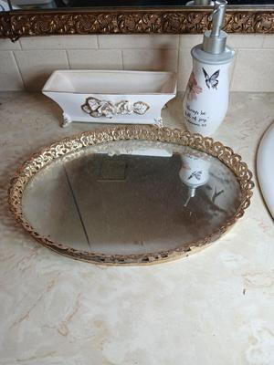 Vintage mirrored brass filigree ornate tray, with porcelain dish with vintage gold roses, and a soap dispenser