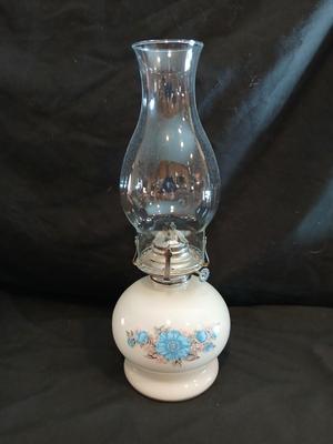 Vintage Lamplight Farms Ivory Glass Oil Lamp Blue Floral Victoria Rose