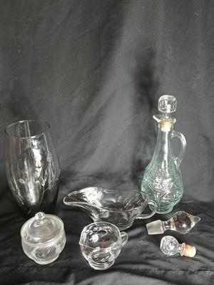 Kitchen glassware Princess house sugar & cream dishes, decanter with stoppers, and a gravy boat