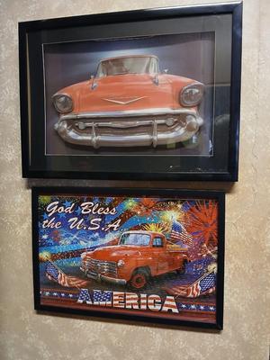 Two framed vintage car wall art one lights up! and a bunch of pictures and calendar photos of hot rods