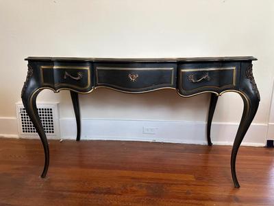Vintage Louis XV French Style Black Lacquer Chinoiserie Writing Desk by Drexel Heritage (See Details)
