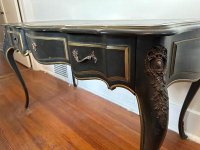 Vintage Louis XV French Style Black Lacquer Chinoiserie Writing Desk by Drexel Heritage (See Details)