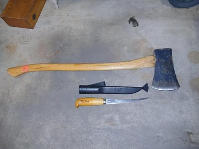 Axe with vintage wood handled filet knife -