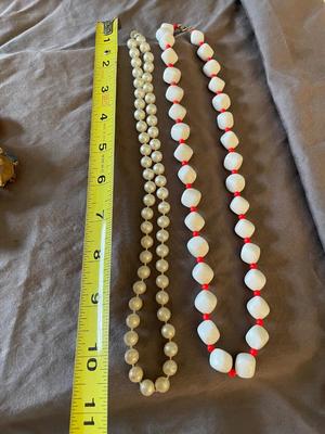 TWO NECKLACES AND CLIP ON EARRINGS