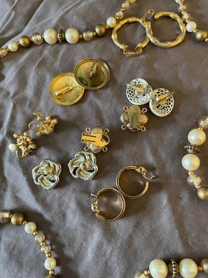 LOVELY LONG NECKLACE AND VARIETY OF CLIP ON EARRINGS