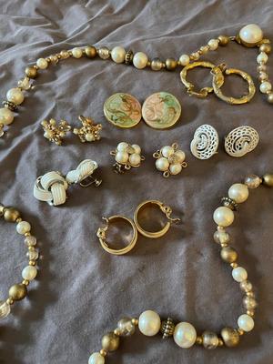 LOVELY LONG NECKLACE AND VARIETY OF CLIP ON EARRINGS