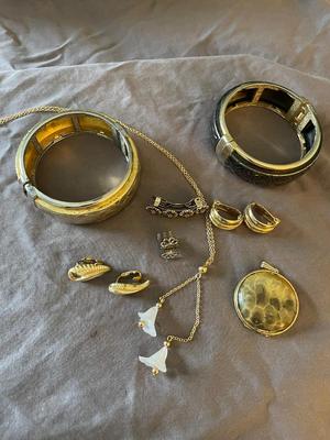 TWO HAND ETCHED BRACELETS, BARRETT AND HAIR CLIP, CLIP ON EARRINGS MORE