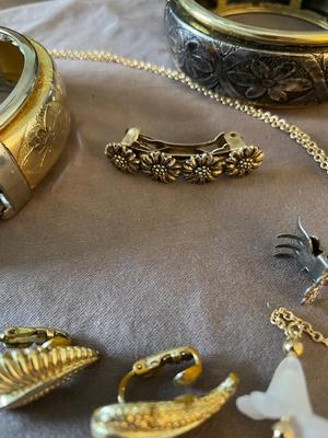 TWO HAND ETCHED BRACELETS, BARRETT AND HAIR CLIP, CLIP ON EARRINGS MORE