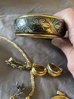 TWO HAND ETCHED BRACELETS, BARRETT AND HAIR CLIP, CLIP ON EARRINGS MORE