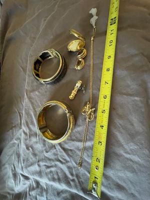 TWO HAND ETCHED BRACELETS, BARRETT AND HAIR CLIP, CLIP ON EARRINGS MORE