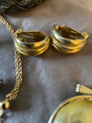 TWO HAND ETCHED BRACELETS, BARRETT AND HAIR CLIP, CLIP ON EARRINGS MORE