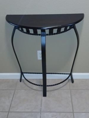 Half-moon wooden topped wrought iron framed entry table