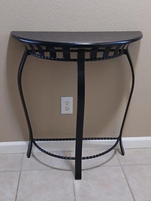 Half-moon wooden topped wrought iron framed entry table
