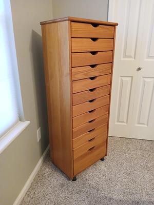 Adeptus Original Roll Cart, Solid Wood, 12 Drawer Narrow Drawers Roll Cart, Medium Pine