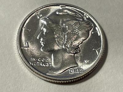 1942-P BRILLIANT UNCIRCULATED FULL SPLIT BANDS CONDITION MERCURY SILVER DIME AS PICTURED. COIN #4.