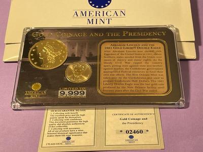 GOLD COIN & PRESIDENCY/LINCOLN Uncirculated Coin & Proof Medal Set by American Mint "Gold Coinage and the Presidency"...