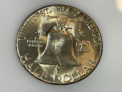 1951-S CHOICE BU CONDITION/TONED RIMS FRANKLIN SILVER HALF DOLLAR IN A CAPITAL HOLDER AS PICTURED.