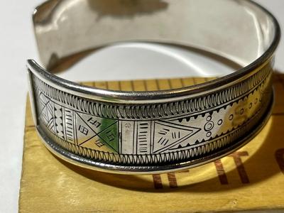 Vintage Sterling Silver Tuareg Etched Cuff Bangle Bracelet for a Standard Size 7" Wrist in Good Preowned Condition.