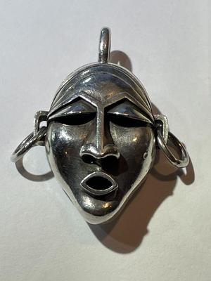 Vintage African Native Mask w/ Movable Earrings .925 Sterling Silver Pendant in Good Preowned Condition.