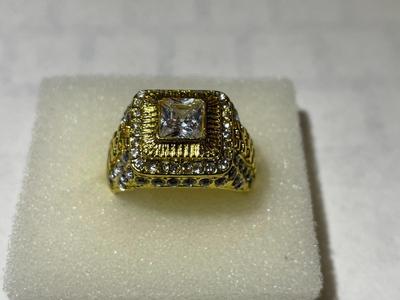 Men's New Never Worn Gold-tone Fashion Ring Size-13 w/Crystal Stones as Pictured.