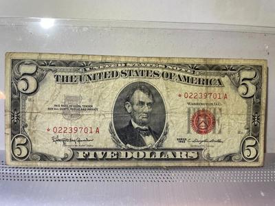 Series of 1963 $5 United States Star Note with Red Seal Serial Number #02239701A Heavily Circulated Condition as Pic'd.