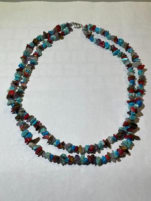 Vintage Preowned 17" Double Strand Turquoise/Coral/Misc Chip Bead Necklace in Good Condition.