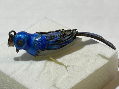 Antique Chinese Export Jade Cocoon Blue Bird Enamel Gilded Silver Pendant in VG Preowned Condition
