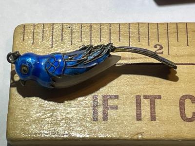 Antique Chinese Export Jade Cocoon Blue Bird Enamel Gilded Silver Pendant in VG Preowned Condition