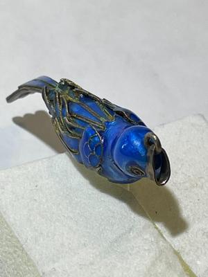 Antique Chinese Export Jade Cocoon Blue Bird Enamel Gilded Silver Pendant in VG Preowned Condition