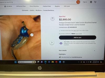 Antique Chinese Export Jade Cocoon Blue Bird Enamel Gilded Silver Pendant in VG Preowned Condition