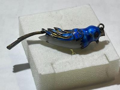 Antique Chinese Export Jade Cocoon Blue Bird Enamel Gilded Silver Pendant in VG Preowned Condition