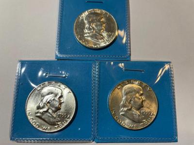 LOT OF (3)-1955 BU CONDITION "BUGS BUNNY" VARIETY FRANKLIN SILVER HALF DOLLARS AS PICTURED.