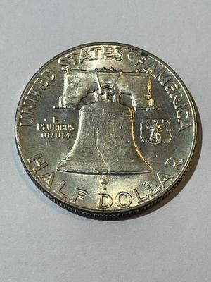 1948-P BORDERLINE UNCIRCULATED FULL BELL LINES CONDITION FRANKLIN SILVER HALF DOLLAR.