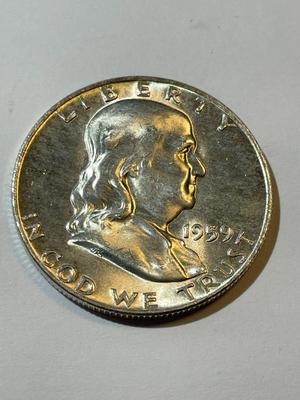 1959-P CHOICE BU CONDITION FRANKLIN SILVER HALF DOLLAR VERY NICE COIN.