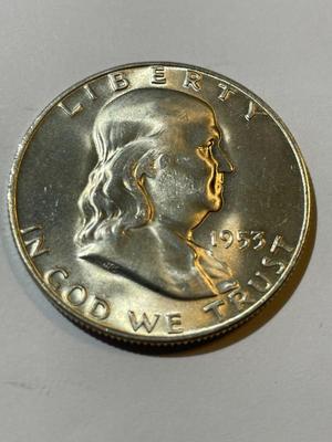 1953-D CHOICE BU FULL BELL LINES CONDITION FRANKLIN SILVER HALF DOLLAR VERY NICE CONDITION.