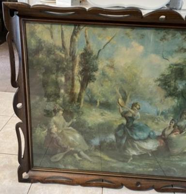 Vintage Mid-Century Print w/Hand Carved Dark Wooden Frame Size 29" x 40" in Good Preowned Condition.