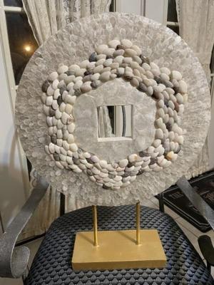Vintage Chinese Cash Coin Home Decor Shell & Mother of Pearl 16" Diameter Coin Shape Mounted on a Metal Base Preowned from an...