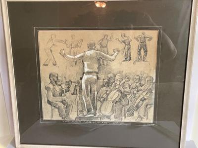 LOUIS H. VERNON (Artist) Charcoal/Drawing of Conductor & Orchestra 23" x 26" in Good Preowned Condition.