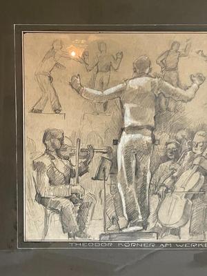 LOUIS H. VERNON (Artist) Charcoal/Drawing of Conductor & Orchestra 23" x 26" in Good Preowned Condition.