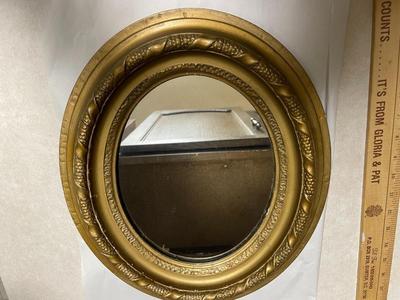 Antique Oval Gold Leaf Painted Mirror w/Wooden Back 12.25" Wide x 14.50" Tall in Good Preowned Condition.