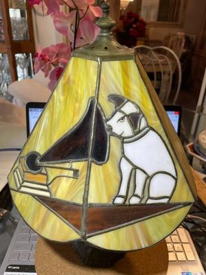 Vintage Advertisement Mid-Century RCA Nipper Dog Stained Slag Glass Desk Lamp 16" Tall in Good Preowned Condition.