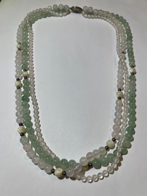 Vintage Triple Strand Jadeite Bead Necklace 18" in Very Good Preowned Condition as Pic'd.