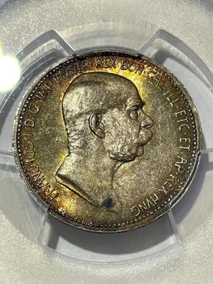 PCGS CERTIFIED AUSTRIA 1908 MS64 CORONA KM-2808 60TH ANNIVERSARY GORGEOUS TONED SILVER COIN.