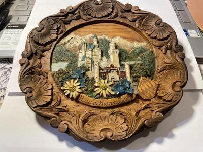 Vintage German Neuschwanstein Castle Carved Wood Composite Plate Hand-Painted 9" Diameter.