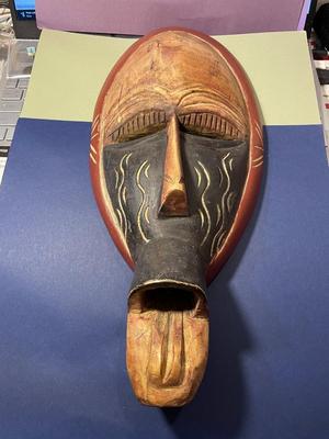 Vintage African Tribal Hand Carved Wooden Large Mask Wall Hanger 15.25” Long in Good Preowned Condition,