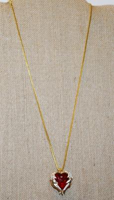 Large Deep Red HEART Stone PENDANT (1" x 1") with Accents on a Gold Tone ADJUSTABLE Necklace Chain 15"-17" L