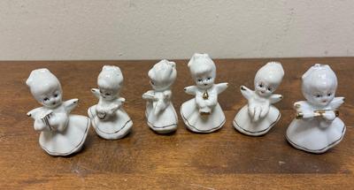 VIntage 6pc Set of Porcelain White Gold Angels w/Musical Instruments Figurines