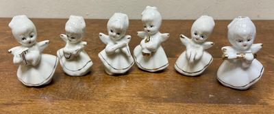VIntage 6pc Set of Porcelain White Gold Angels w/Musical Instruments Figurines