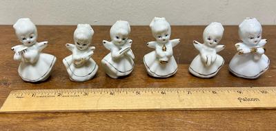 VIntage 6pc Set of Porcelain White Gold Angels w/Musical Instruments Figurines